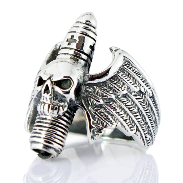 Sterling Silver Goth Skull Wings Ring