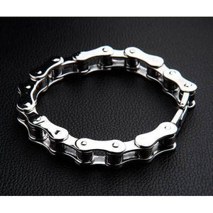 Small Bike Chain Sterling Silver Bracelet, closed bike-chain bracelet on dark leather