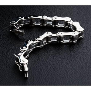 Small Bike Chain Sterling Silver Bracelet, open bracelet and fastening on dark leather