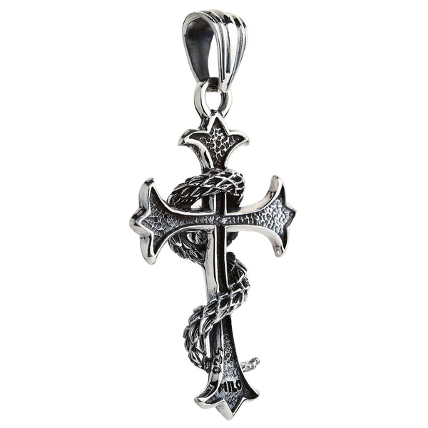 Pendentif croix gothique serpent en argent sterling