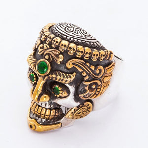 Green-Eye Tibetan Skull Sterling Silver Ring, skull three quarter