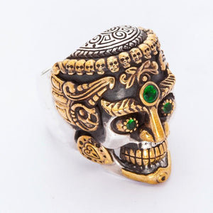 Green-Eye Tibetan Skull Sterling Silver Ring, opposite three quarter