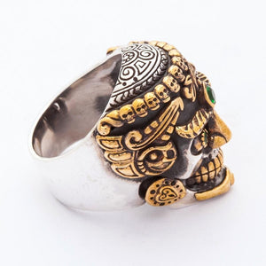 Green-Eye Tibetan Skull Sterling Silver Ring, gold scroll shoulder