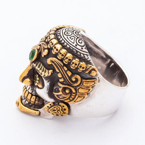 Green-Eye Tibetan Skull Sterling Silver Ring, opposite scroll shoulder
