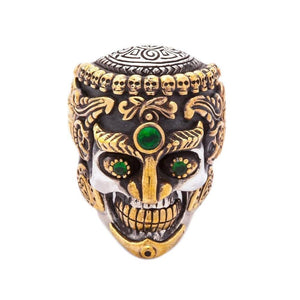 Green-Eye Tibetan Skull Sterling Silver Ring, ornate skull front