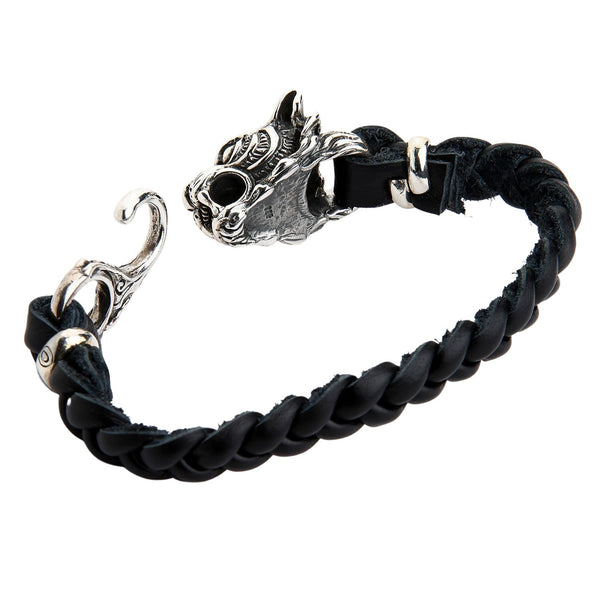 Silver Tiger Head Leather Chain Bracelet