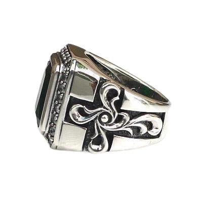 Sterling Silver Tribal Cross Emerald Mens Ring