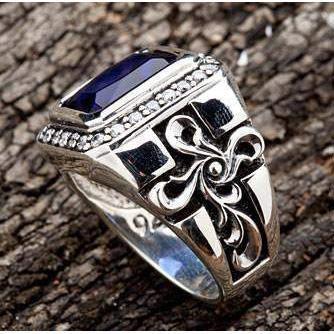 Tribal Cross Sapphire Mens Ring