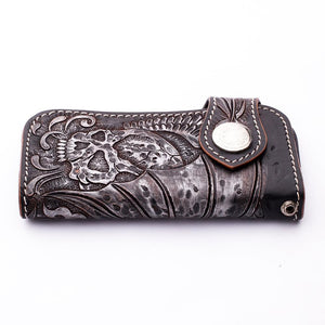 Portefeuille de motard en cuir sculpté Tribal Skull