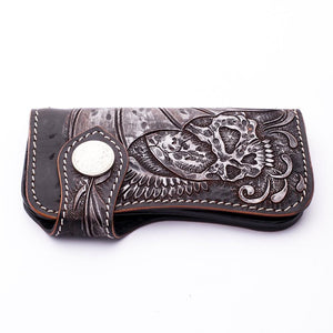 Portefeuille de motard en cuir sculpté Tribal Skull