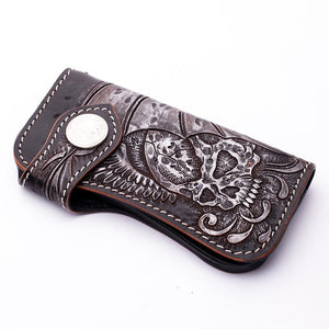 Portefeuille de motard en cuir sculpté Tribal Skull