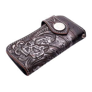 Portefeuille de motard en cuir sculpté Tribal Skull