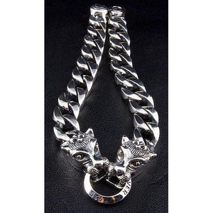 Twin Wolf Head Sterling Silver Curb Bracelet — curb chain extended