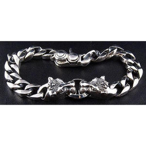 Twin Wolf Head Sterling Silver Curb Bracelet — back wolf detail