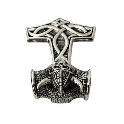 Silver Viking Skull Thors Hammer Pendant