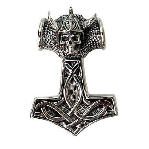 Silver Viking Skull Thors Hammer Pendant