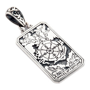 Ciondolo con carta dei tarocchi della ruota della fortuna in argento sterling